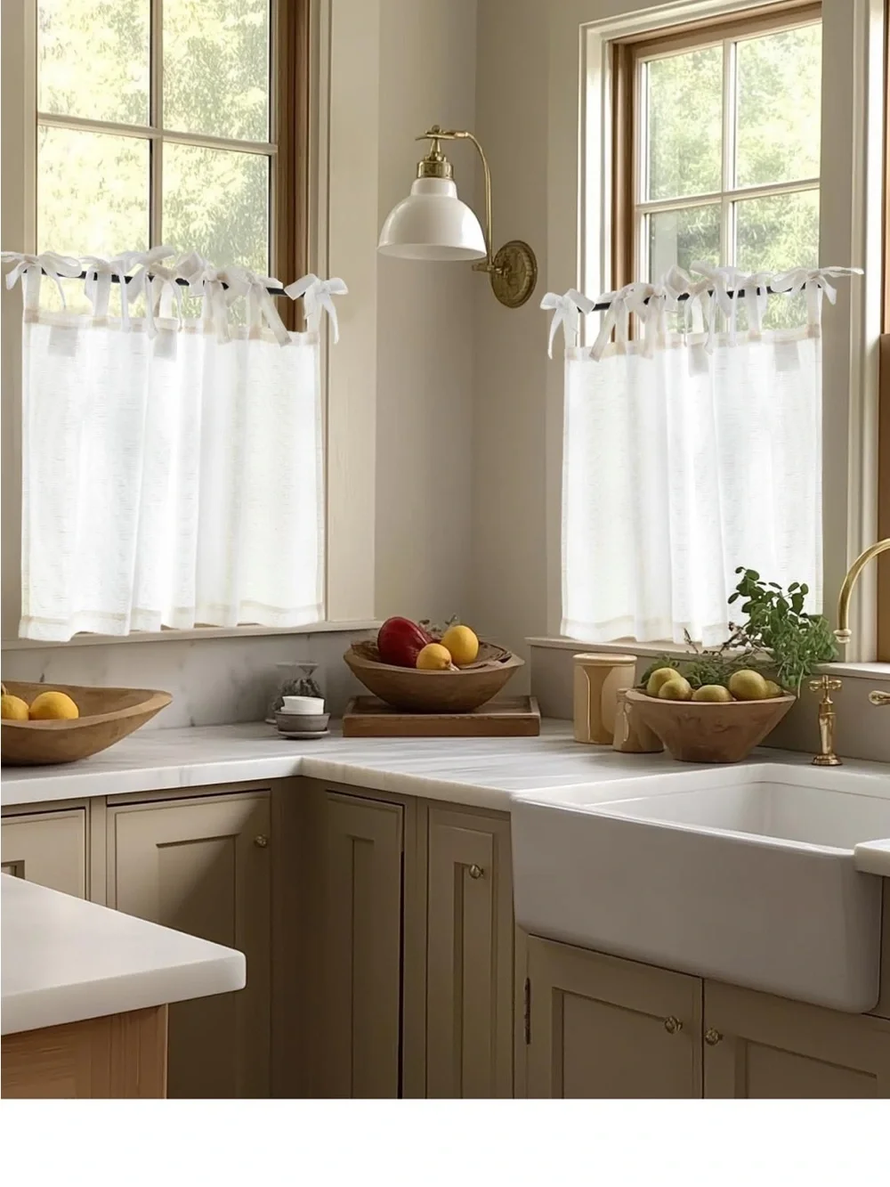White Tie-Top Sheer Kitchen Curtains - Set of 2